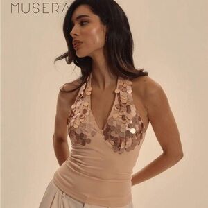 SHEIN Musera Beige Sequin Corset Top